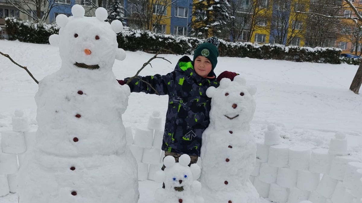 Desetiletý Tomáš postavil v Tachově rodinu sněhuláků. Potěšil stovky lidí